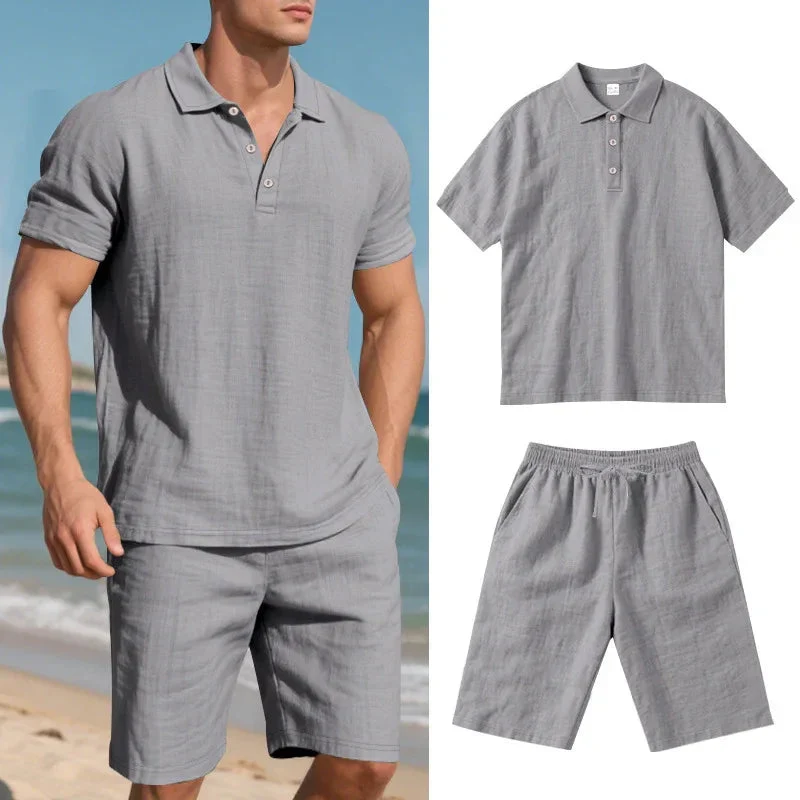 Summer Men's Loose Casual Linen Breathable Short Sleeve Shirts & Shorts Clothing Set