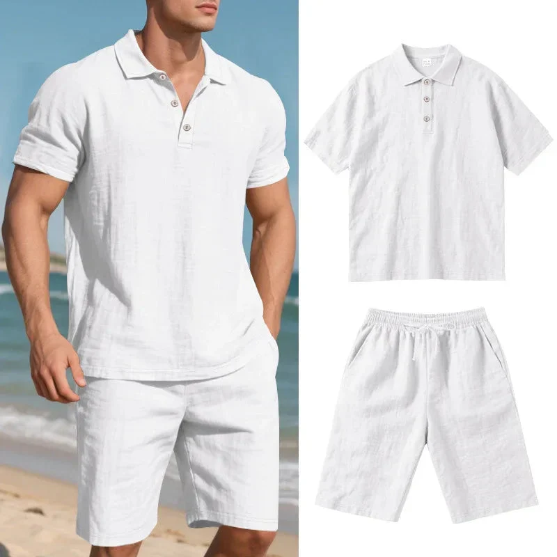 Summer Men's Loose Casual Linen Breathable Short Sleeve Shirts & Shorts Clothing Set