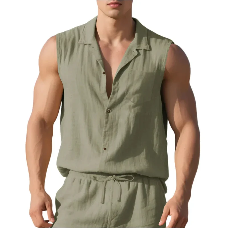 Sleeveless Linen Polo Shirt Vest For Men