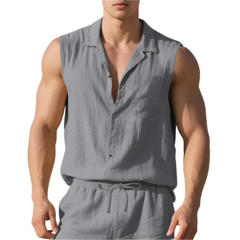 Sleeveless Linen Polo Shirt Vest For Men