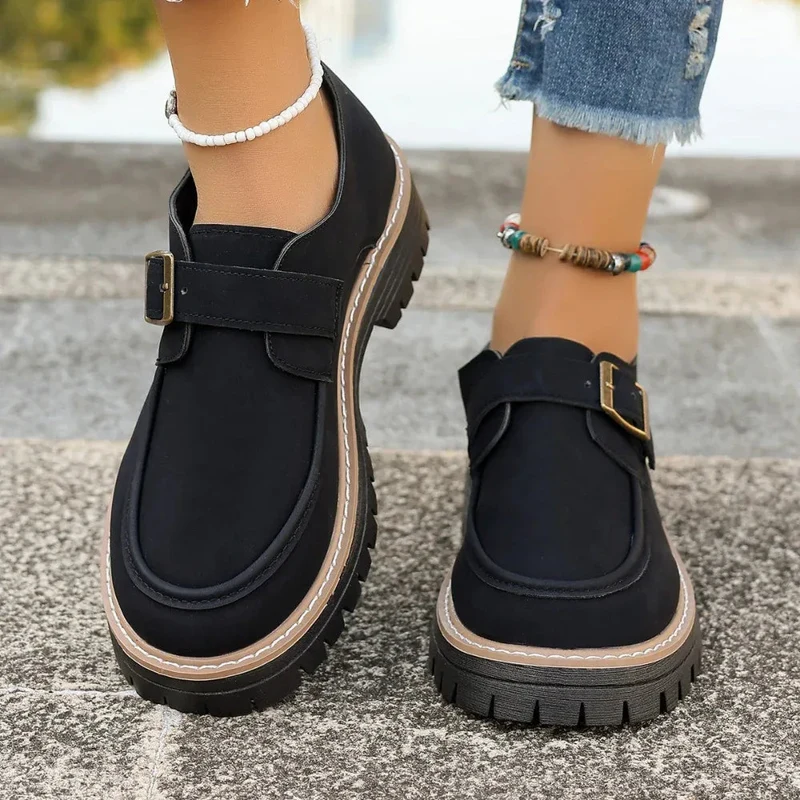 Fashionable Buckle Loafers For Women British Style Height-Increasing Thick-Soled Casual Shoes