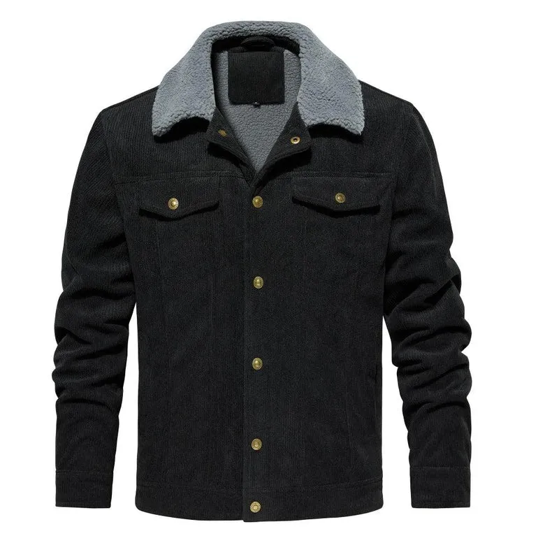 Men's Corduroy Jacket Winter Sherpa Lined Warm Thick Cargo Coat With 5 Pockets
