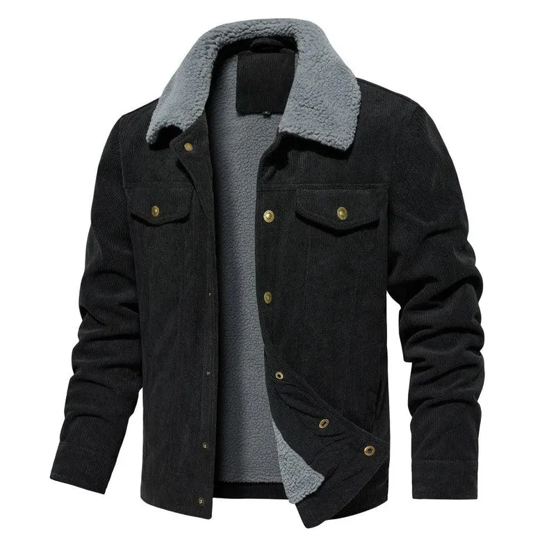 Men's Corduroy Jacket Winter Sherpa Lined Warm Thick Cargo Coat With 5 Pockets
