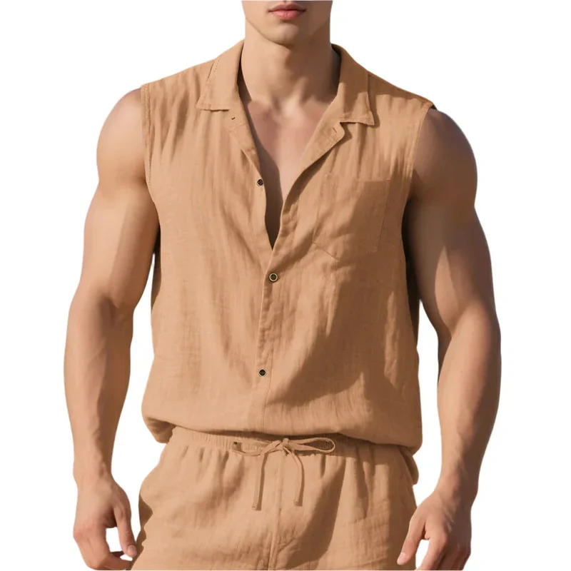 Sleeveless Linen Polo Shirt Vest For Men
