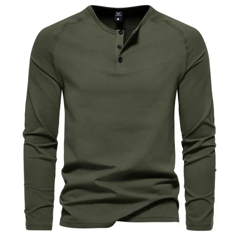 Men's Henry Collar Long-Sleeved Casual Buttoned Solid Color T-Shirt