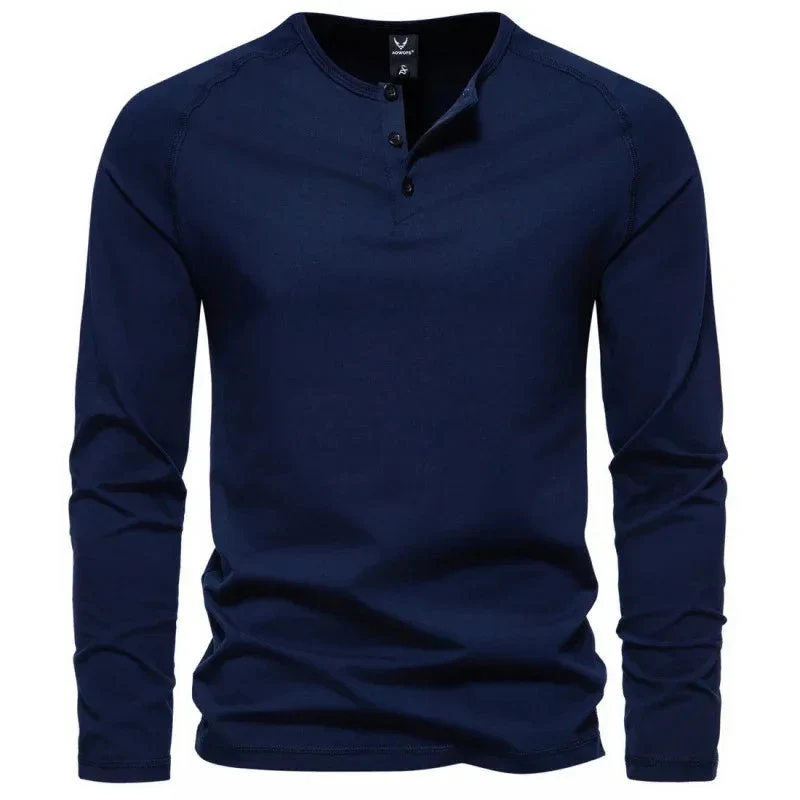 Men's Henry Collar Long-Sleeved Casual Buttoned Solid Color T-Shirt