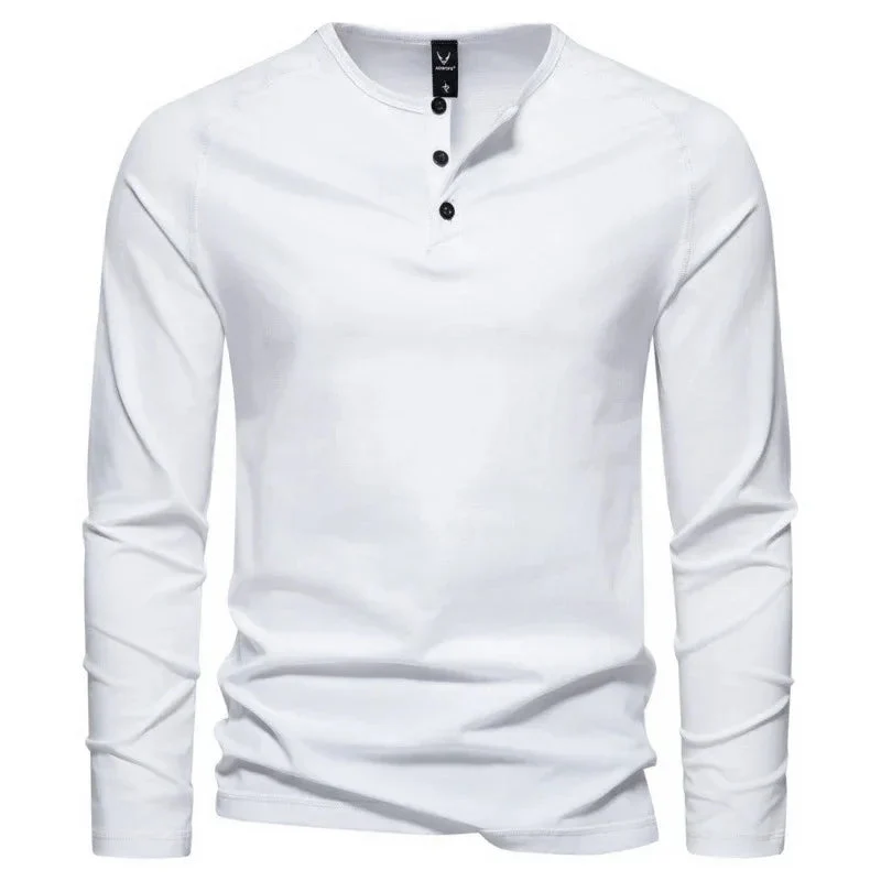 Men's Henry Collar Long-Sleeved Casual Buttoned Solid Color T-Shirt