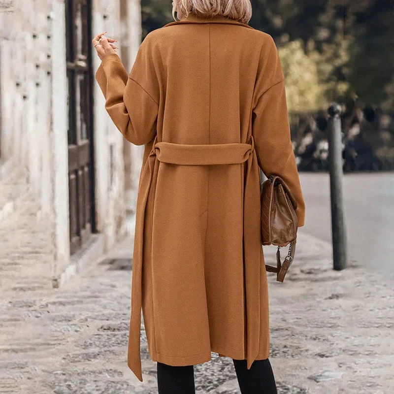 Women's Lace-Up Extended Solid Color Woolen Coat
