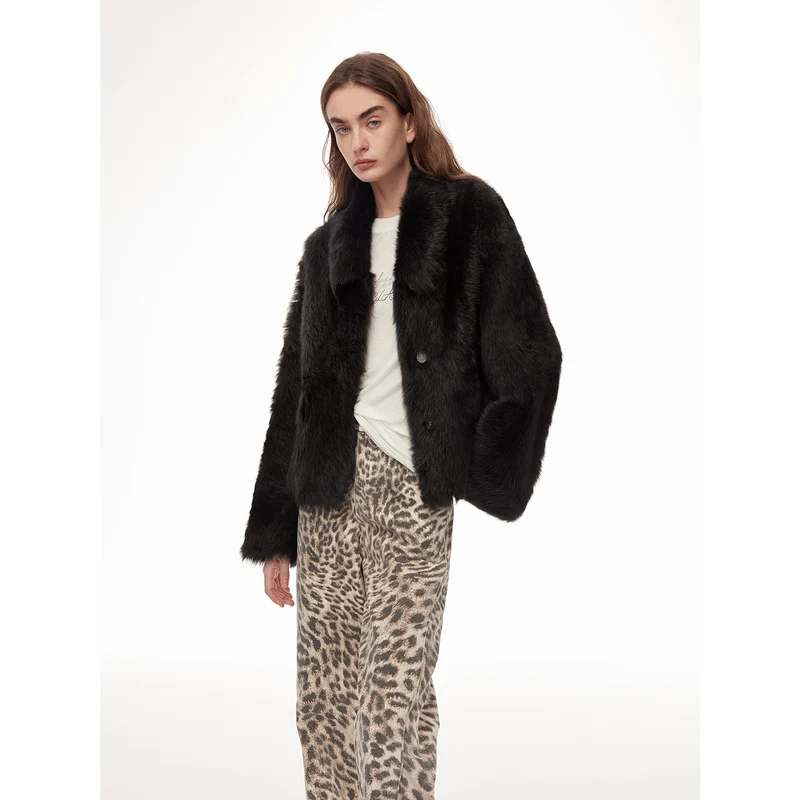 "Dream Walk" long lapel Tuscan wool sheepskin short fur coat for women