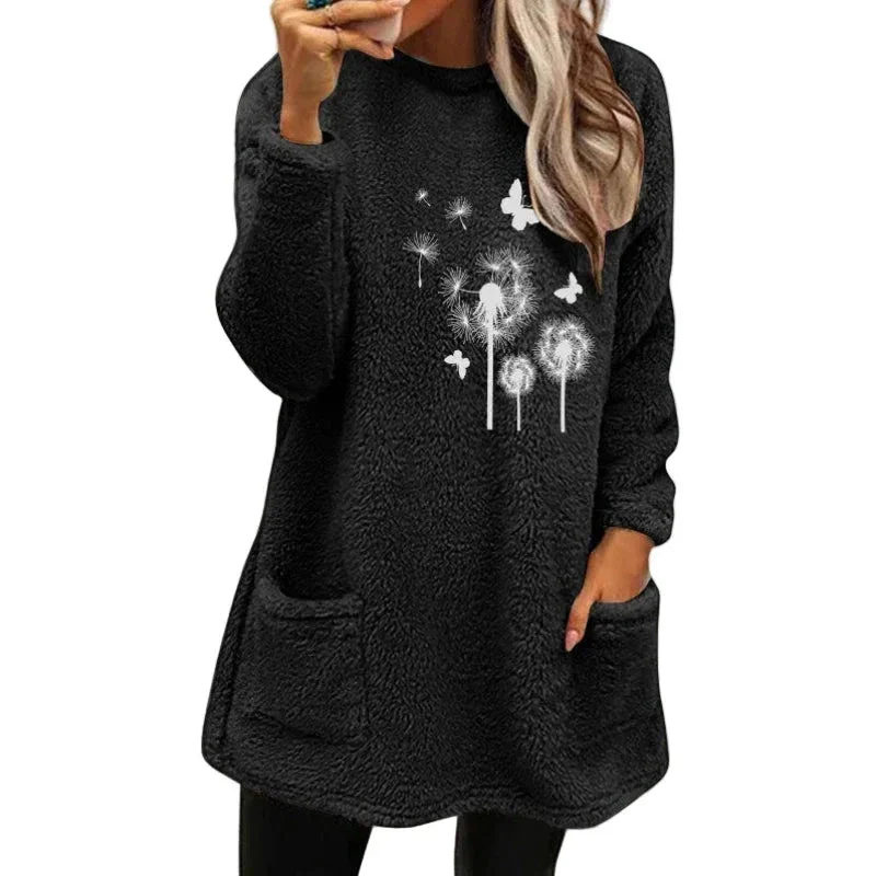 Women's Round Neck Pullover Long Sleeve Pocket Embossed Double-Sided Velvet Sweater