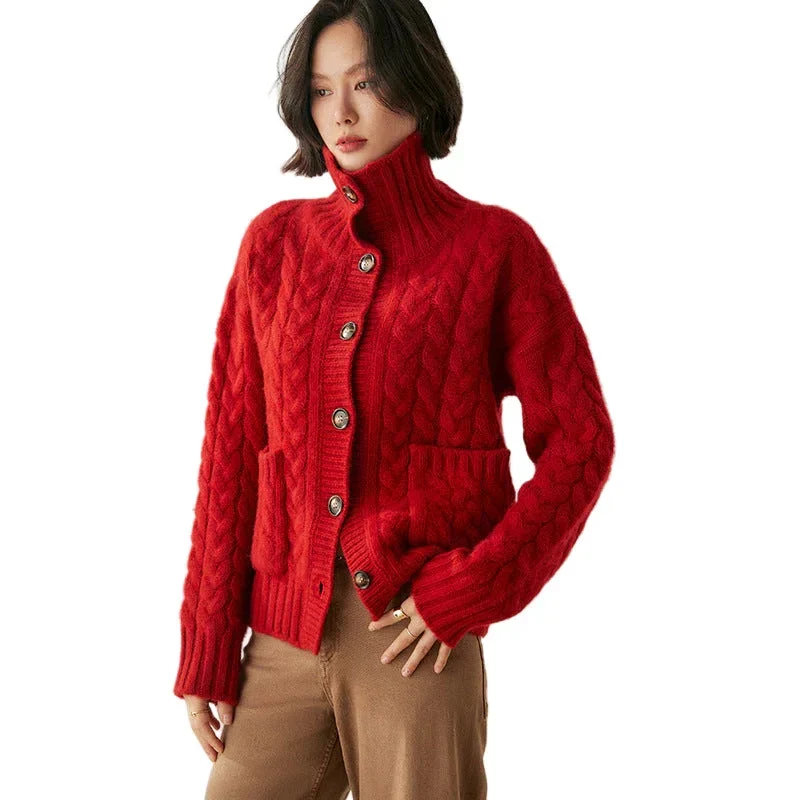 French Style Turtleneck Cashmere Cardigan Sweater For Women