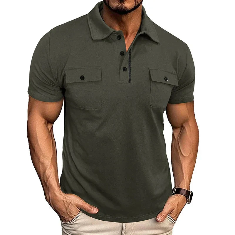 Summer Lapel Button Polo Shirt With Chest Pockets Outdoor Fashion Short Sleeve Tops For Men Clothing
