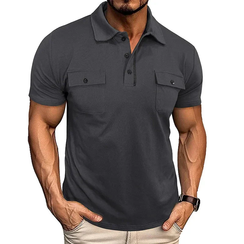 Summer Lapel Button Polo Shirt With Chest Pockets Outdoor Fashion Short Sleeve Tops For Men Clothing