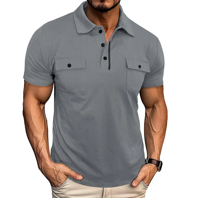 Summer Lapel Button Polo Shirt With Chest Pockets Outdoor Fashion Short Sleeve Tops For Men Clothing