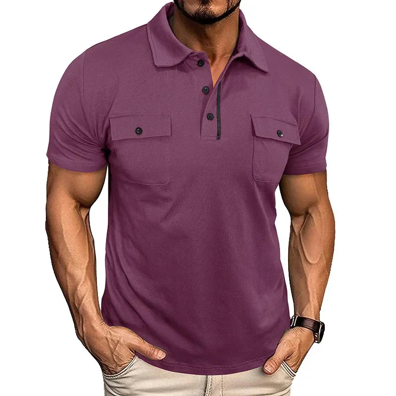 Summer Lapel Button Polo Shirt With Chest Pockets Outdoor Fashion Short Sleeve Tops For Men Clothing