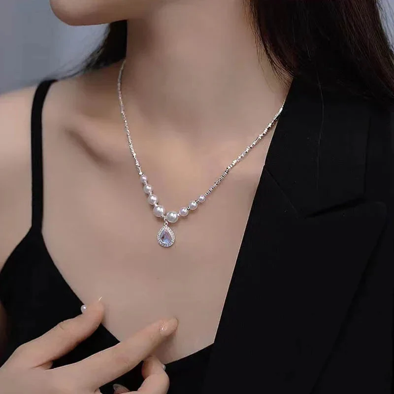 Ocean Blue Water Drop Pearl Necklace For Women