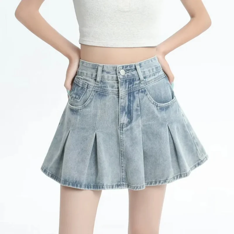 Retro Denim Skirt Summer A- Line Pleated Skirt For Women