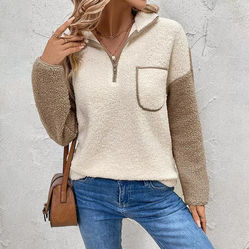 Long Sleeve Stand Collar Color Matching Warm With Velvet Sweater For Women
