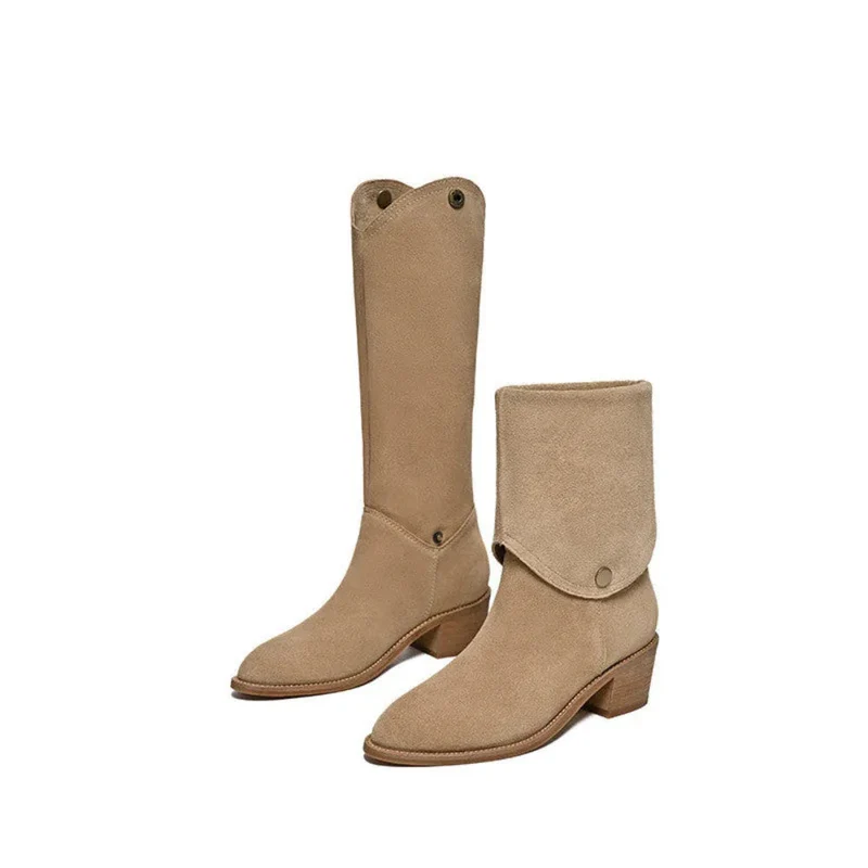 Matte Cowhide Leather Western Denim Pointed-Toe Short Tube Boots For Women
