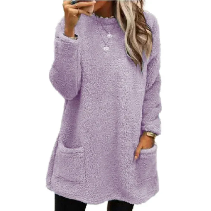 Women's Fleece Pullover Long Sweater With Pockets Winter Warm Casual Long Sleeve Cozy Hooded Casual Sweatershirt