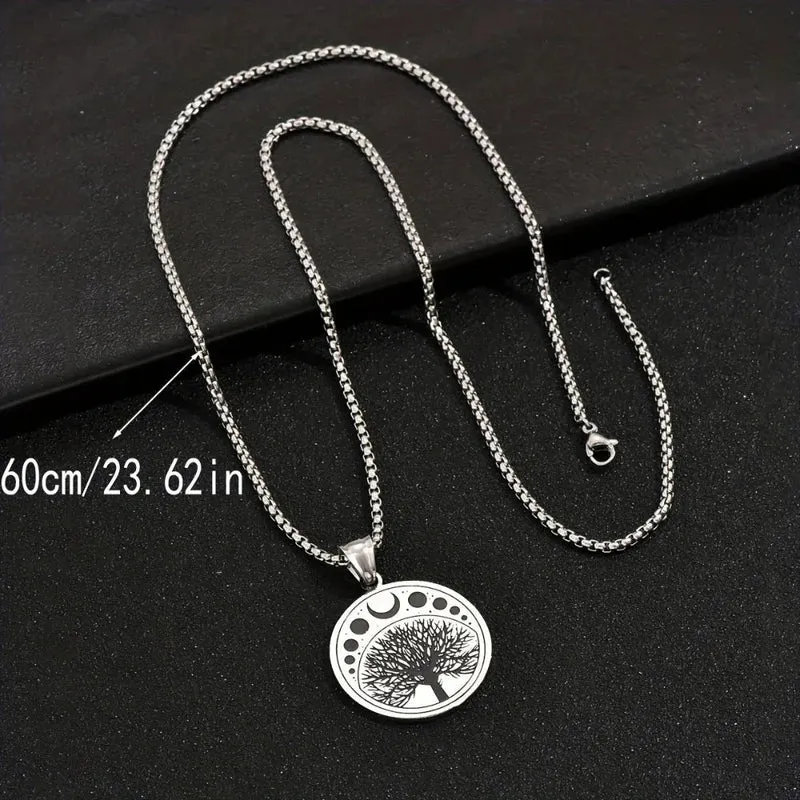 Men's Round Stainless Steel Tree Life Pendant Necklace