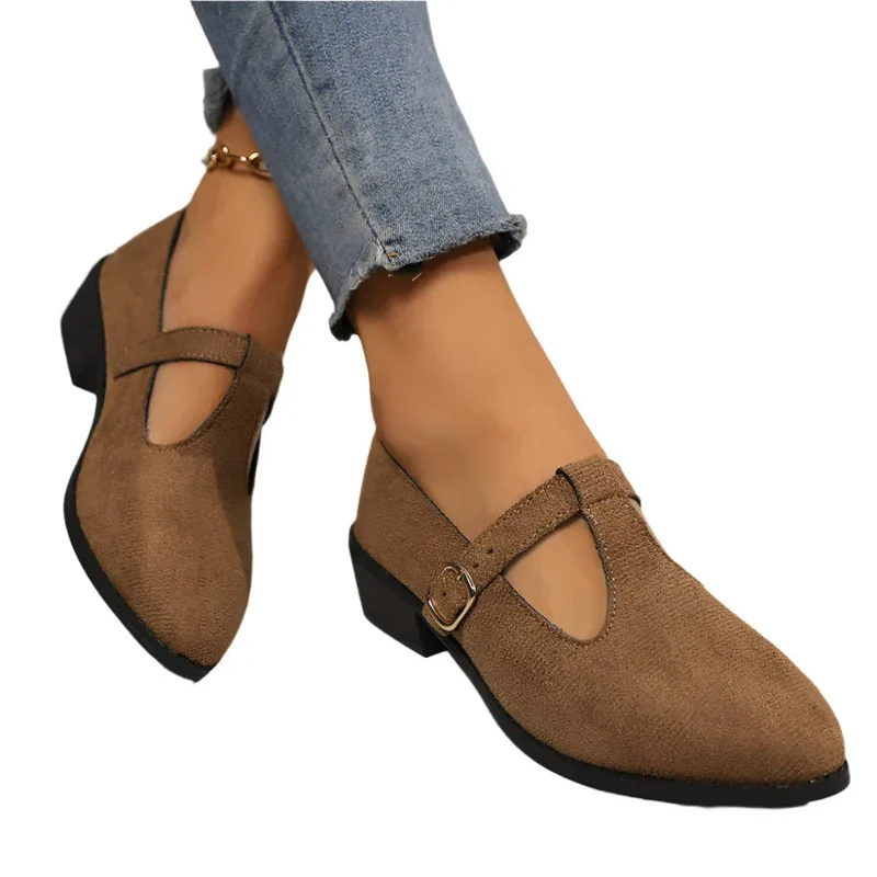 British Style Pointed Toe Shallow Mouth Buckle Shoes For Women