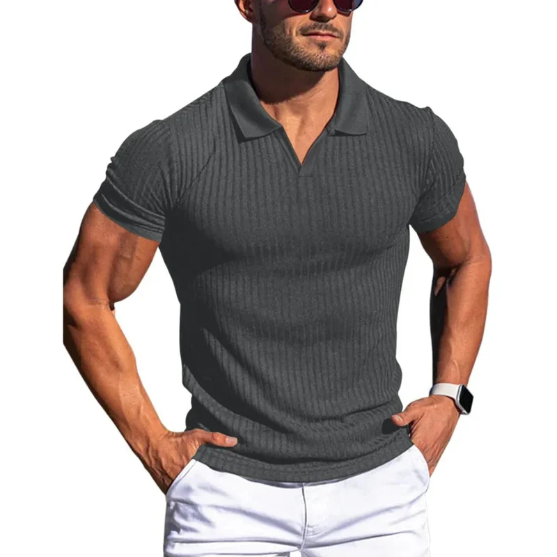 Men's Polo Shirt Lapel V-Neck Vertical Striped Short Sleeve