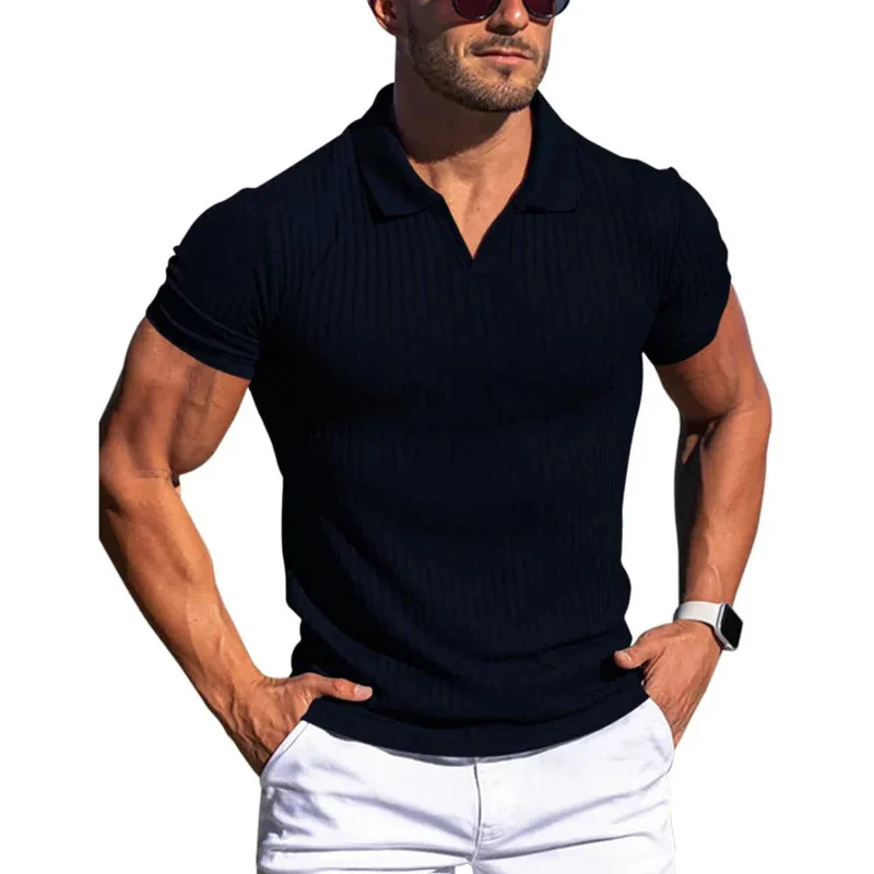 Men's Polo Shirt Lapel V-Neck Vertical Striped Short Sleeve