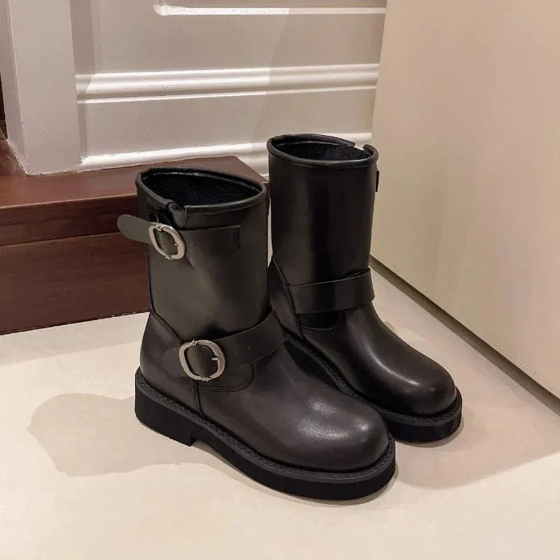 Women's Round Toe Vintage Martin Boots Shoes With Two Buckles