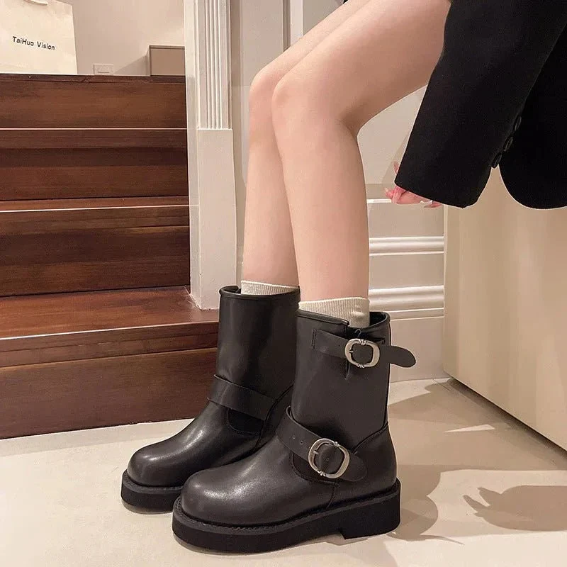 Women's Round Toe Vintage Martin Boots Shoes With Two Buckles