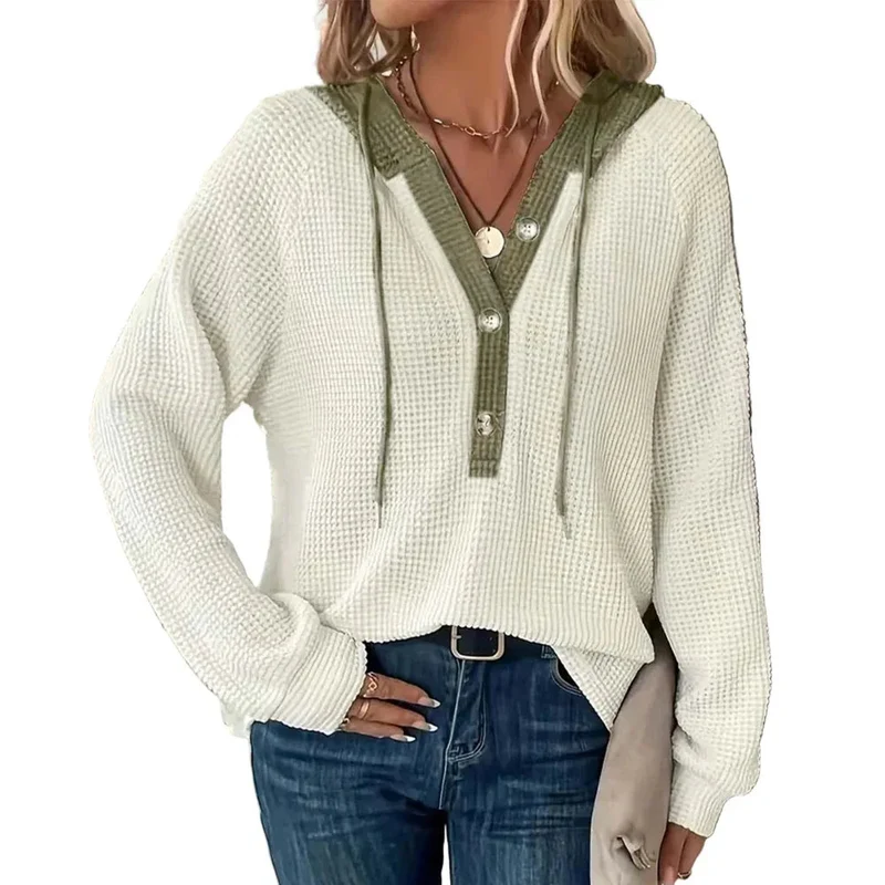 Women's Solid Color Waffle Fabric Hooded Loose Fit Sweater Long Sleeve Sweatershirt