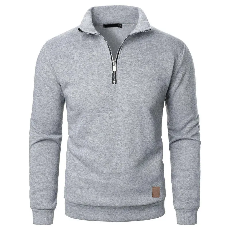 Men's Stand Collar Half Zip Long-Sleeved Casual Solid Color Fleece Top Sweater