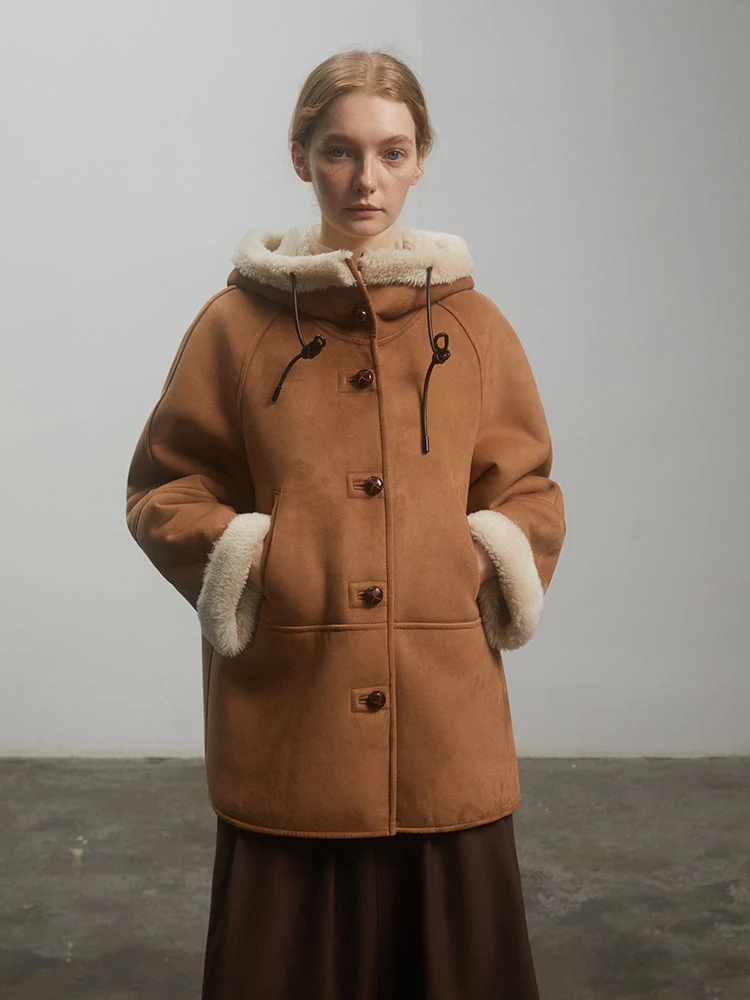 Fireladyfur "Danish Winter" Shearling Coat | Short & Hooded Suede Style"Danish Winter"