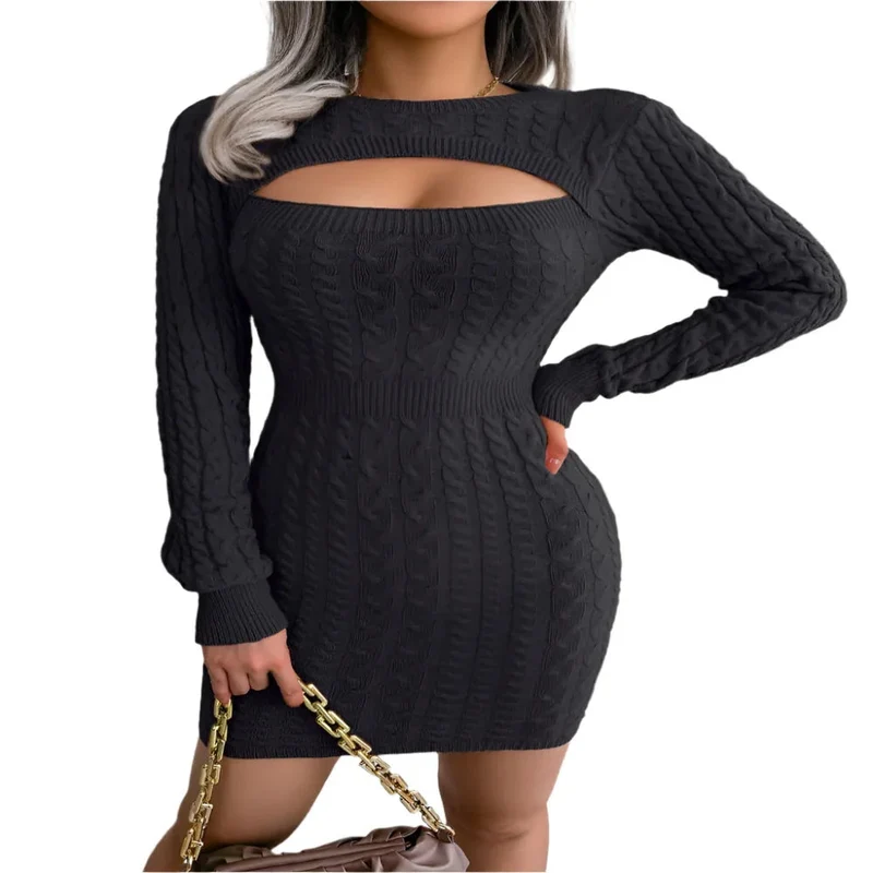 Acrylic Fabric Long Sleeves Solid Color Dress