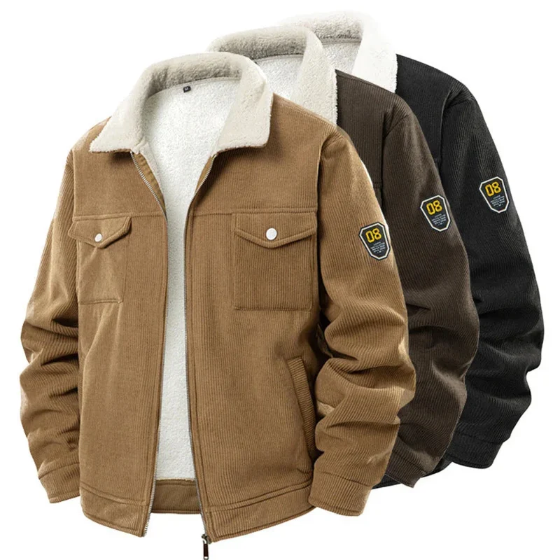 Fleece-Lined Thickened Warm Jacket Fashionable Lapel Workwear Lambswool Men's Coat