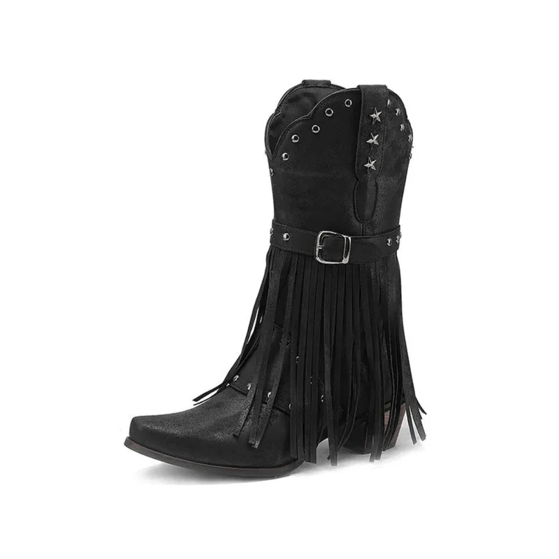 Autumn And Winter Tassel Women's Western Rivet Belt Buckle Tassel Middle Boots