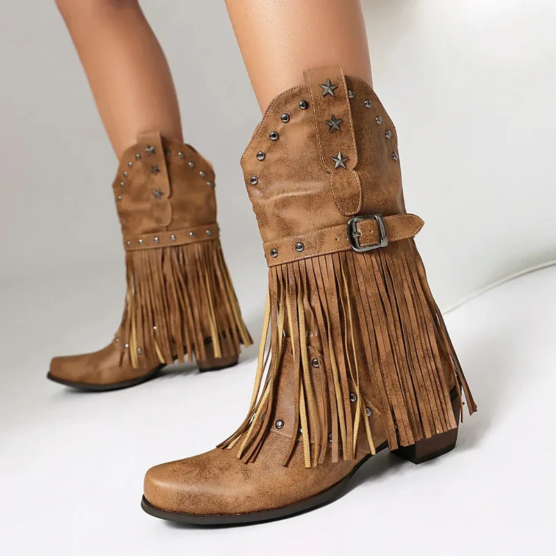 Autumn And Winter Tassel Women's Western Rivet Belt Buckle Tassel Middle Boots
