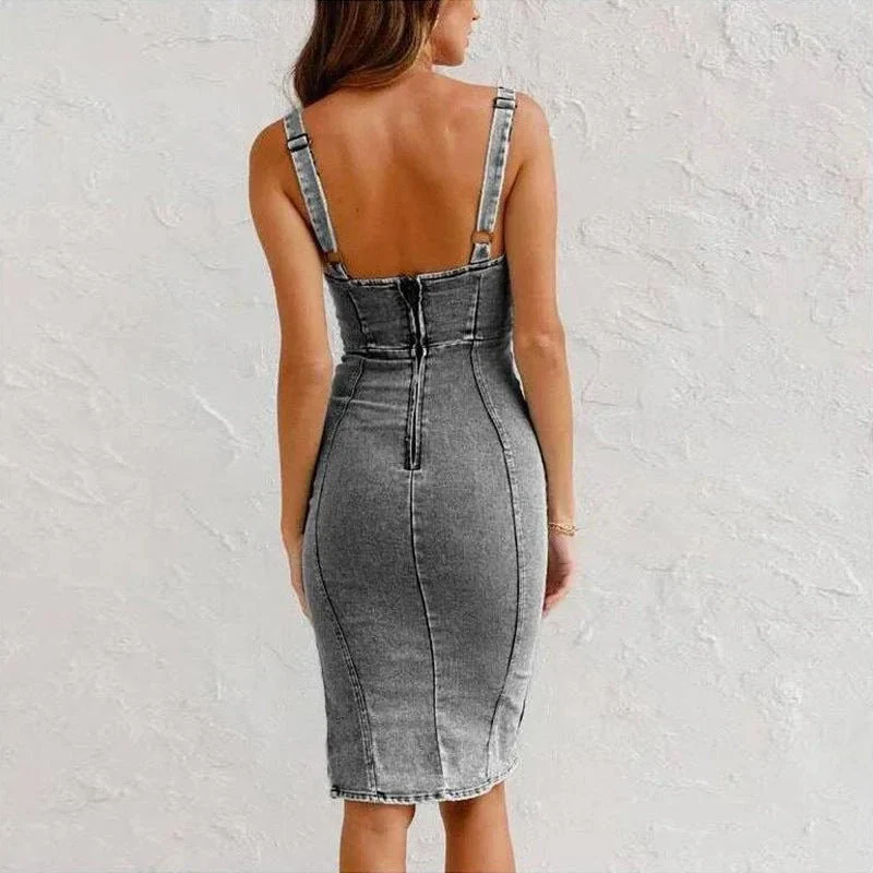 U-Neck Slim Fit Casual Summer Denim Dress Women's Clothing