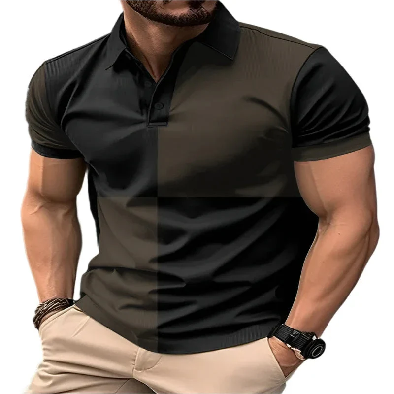 Casual Sports Short Sleeve Color Stitching Turnover Neck Polo Shirt Men Clothing