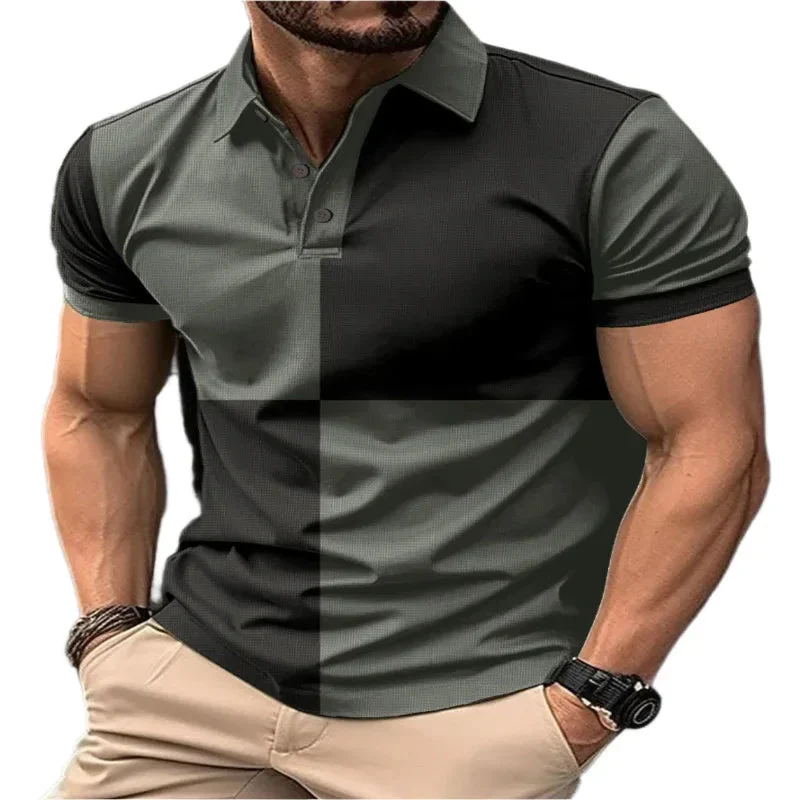 Casual Sports Short Sleeve Color Stitching Turnover Neck Polo Shirt Men Clothing
