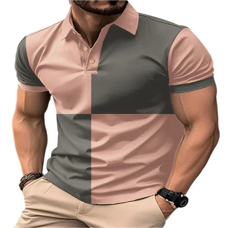 Casual Sports Short Sleeve Color Stitching Turnover Neck Polo Shirt Men Clothing