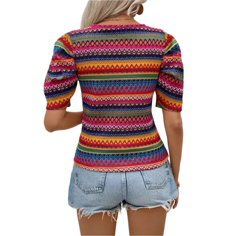 Casual Round Neck Knitted Bohemian Women's T-Shirt Top