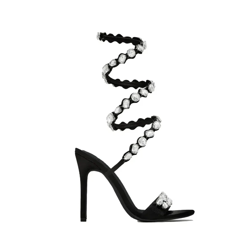 11cm Stiletto Heel Small Round Toe Satin Surface Rhinestone High-Heeled Sandals Summer Rivet
