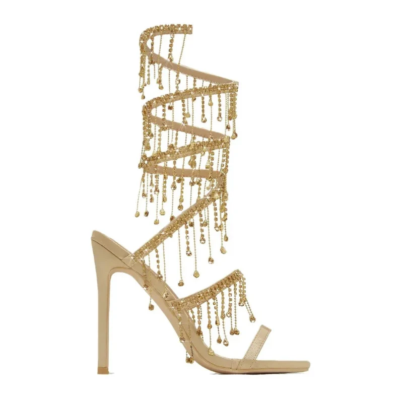 11cm Stiletto Heel Small Round Toe Satin Surface Rhinestone High-Heeled Sandals Summer Rivet