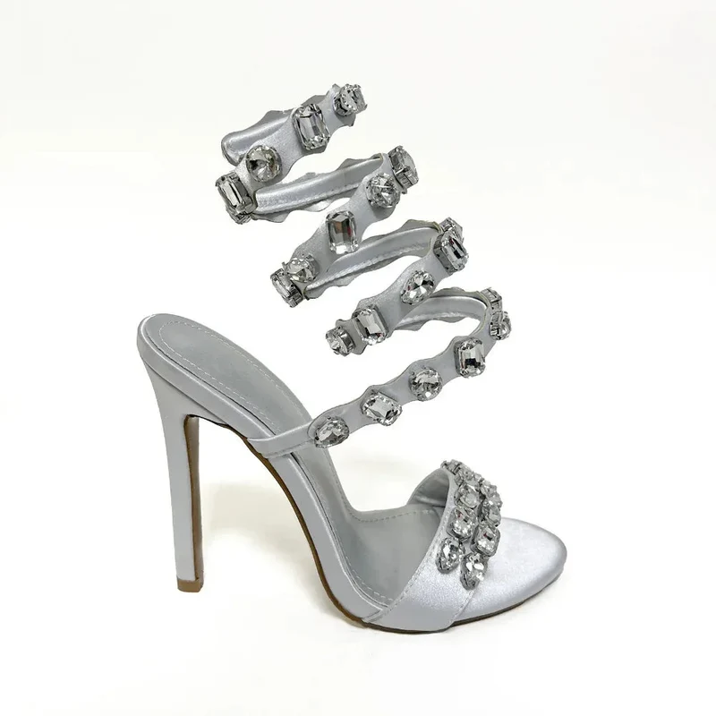 11cm Stiletto Heel Small Round Toe Satin Surface Rhinestone High-Heeled Sandals Summer Rivet
