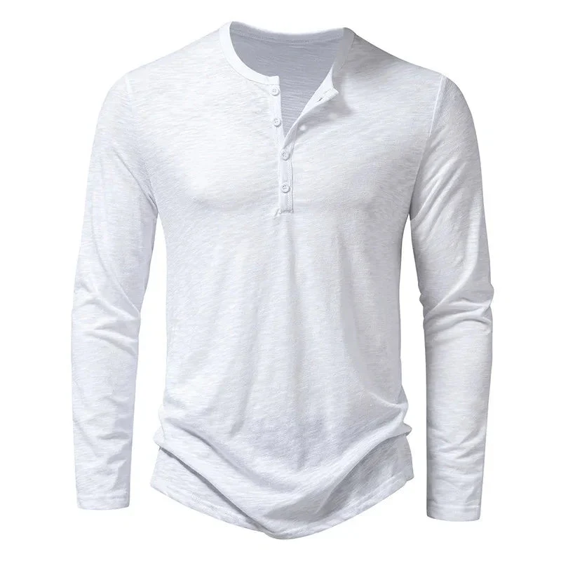 Men's Long-Sleeved T-Shirt Fashion Casual Solid Color Pullover Button Top Autumn And Spring Clothing