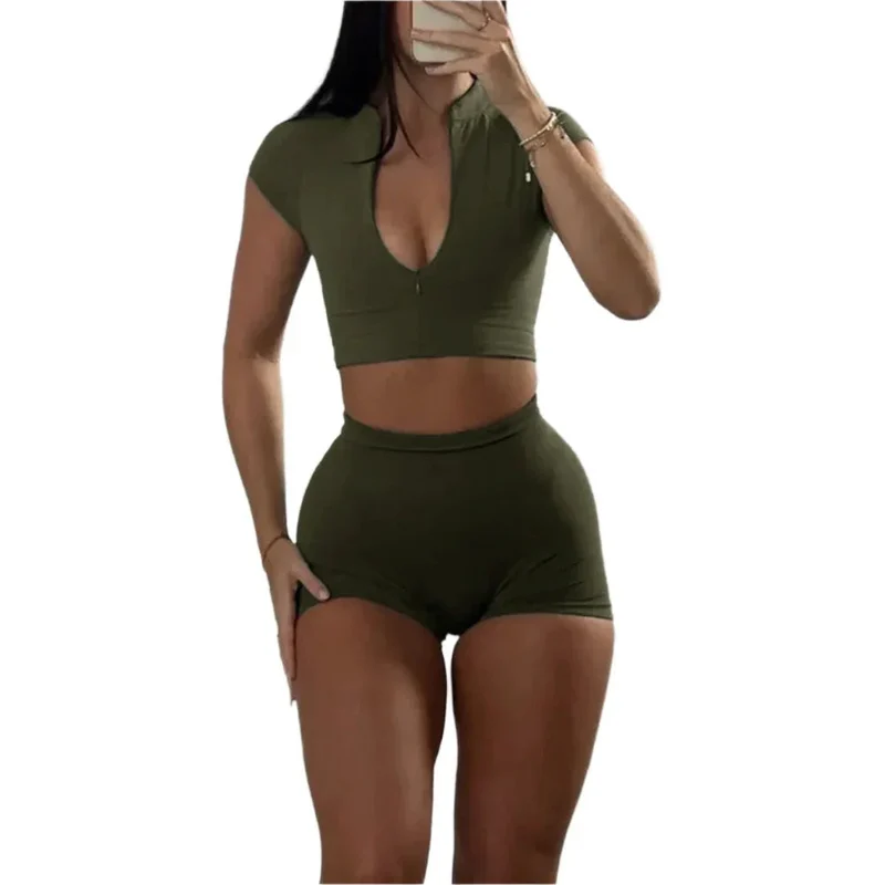 Sports Zipper Short-Sleeved Top And Shorts Two-Piece Gym Workout Outfit Clothing Set Suit For Women