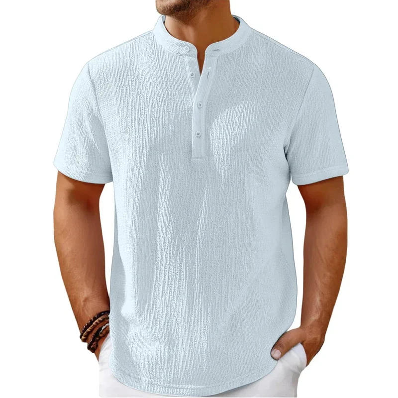 Men's Retro Cotton And Linen Striped Casual Loose Henley Shirt
