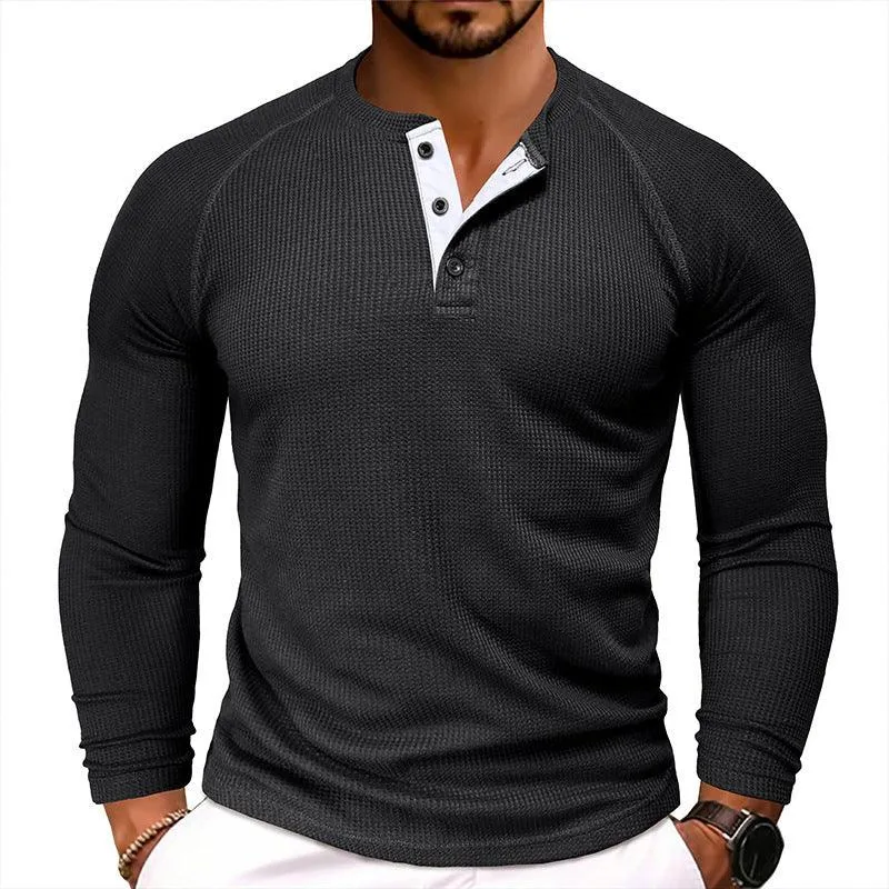 Men's Round Neck Waffle Casual Buttoned Long Sleeve T-Shirt