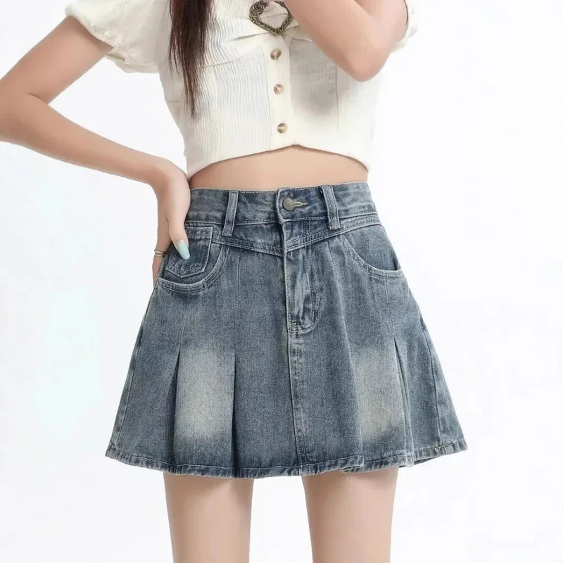 Retro Denim Skirt Summer A- Line Pleated Skirt For Women